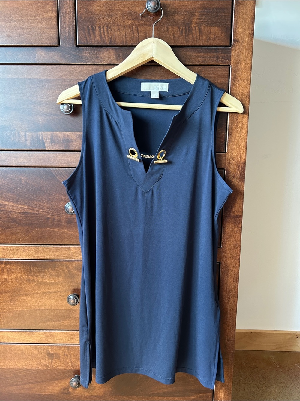 MICHAEL Michael Kors Navy Sleeveless Tank with Gold Chain Detail